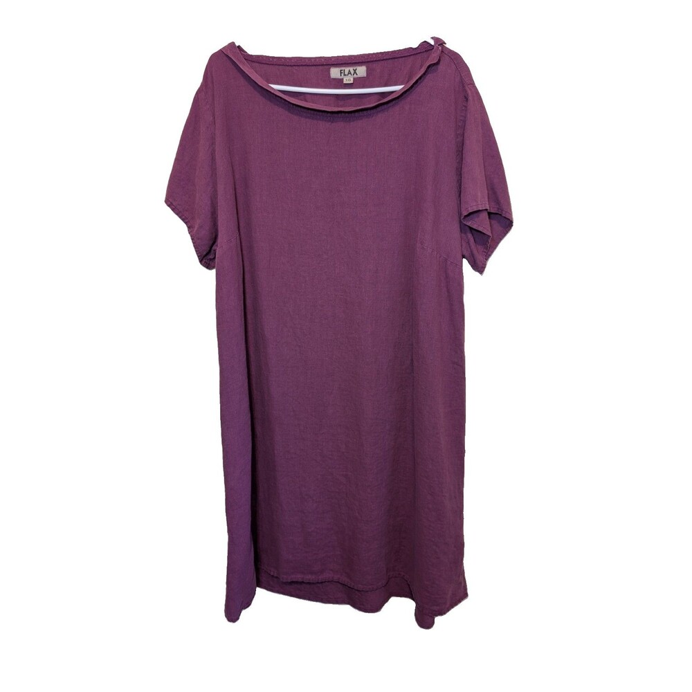 Flax Dress Short Sleeve Pockets Lagenlook Minimalist Size 1G